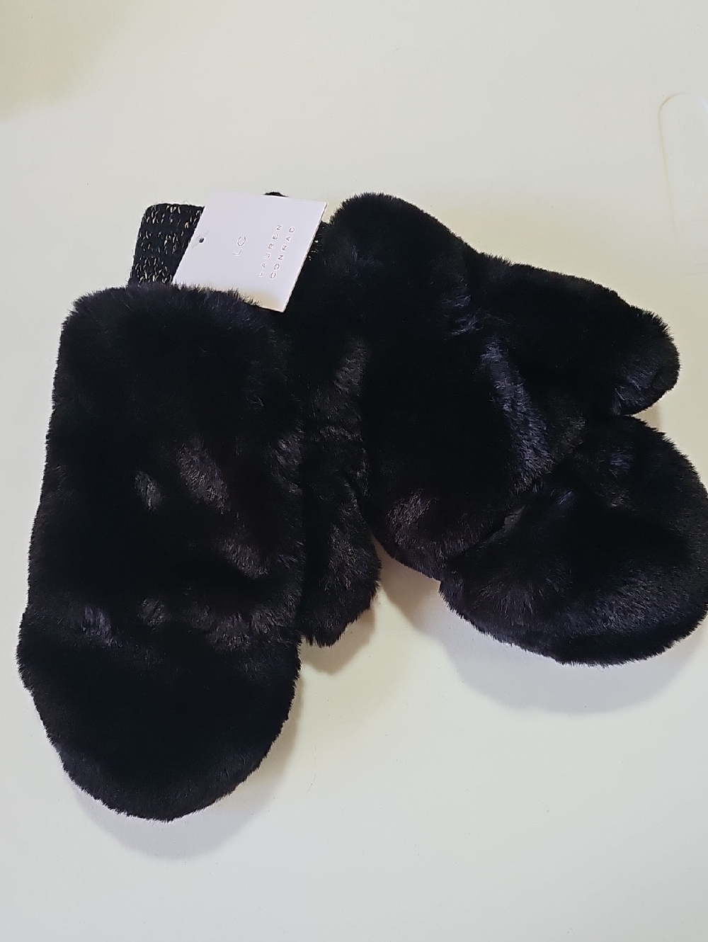 LC Lauren Conrad Black Faux Fur Mittens